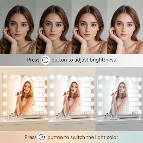 POPLIZZ 23.6" x 21.3" Large Vanity Mirror with Lights with 15 Dimmable LED Bulbs, 3 Light Colors, Smart Touch Control, Wall Mounted, USB Charging Port