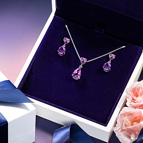 JIANGXIN 18"~20" Pear cut Amethyst 925 Sterling Silver Pendant Necklace Drop Earrings Jewelry Set for Women Heart cz Decorated