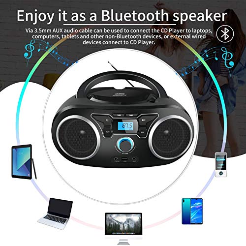 Portable Radio CD Player Boombox with Bluetooth & FM Radio, USB Port, AUX Input, Headphone Jack,Compact CD Player Radio Stereo System,CD-R/CD-RW/MP3 CDs Playback(WTB-771)