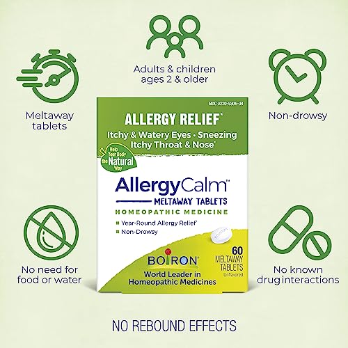 Boiron AllergyCalm Tablets 180 Count, Relief from Allergies and Hay Fever Symptoms of Sneezing, Runny Nose, and Itchy Eyes or Throat, Allergy Calm Tabs (Formerly RhinAllergy) (Pack of 3 60ct Boxes)