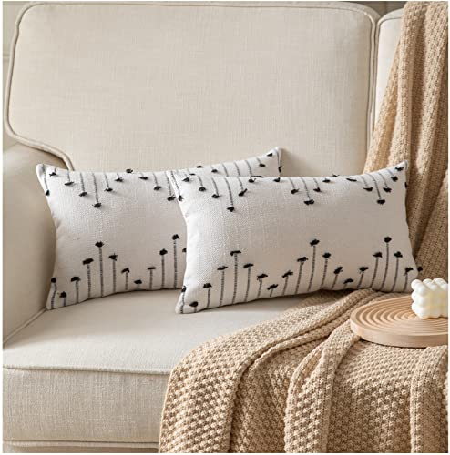 Boho Throw Pillow Covers 12x20 Set of 2 Decorative Pillows for Bed, Neutral Pillow Covers Beige with Black Line Throw Pillows for Modern Farmhouse Couch Sofa Living Room Outdoor
