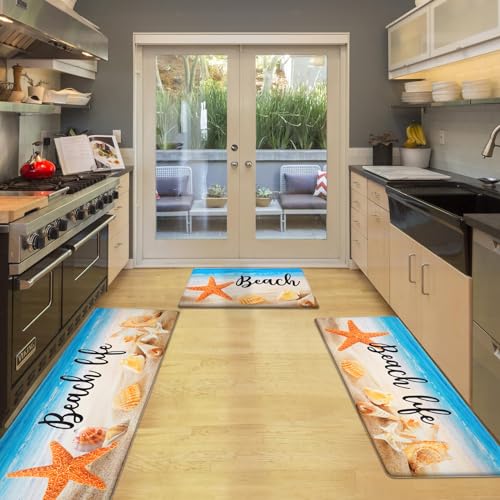 ASPMIZ Coastal Beach Kitchen Floor Mat, Ocean Cushioned Kitchen Mats Rug Non Slip Washable, Sea Shell Waterproof Memory Foam Comfort Rugs PVC Standing for Home Sink, 18"x 30" + 18" x 48" + 18" x 60"