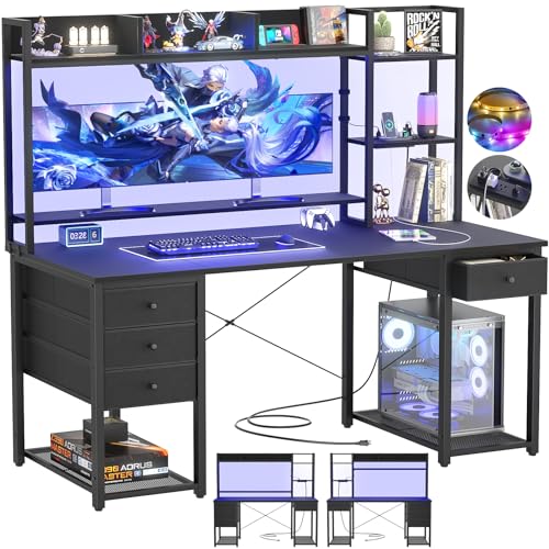 Aheaplus Desk with LED and Outlets, Gaming Desk with Hutch, 47.2'' Computer Desk with Drawers, Reversible Office Desk with Storage Bookshelf Large Workstation Desk with Shelf, Desk for Home, Black