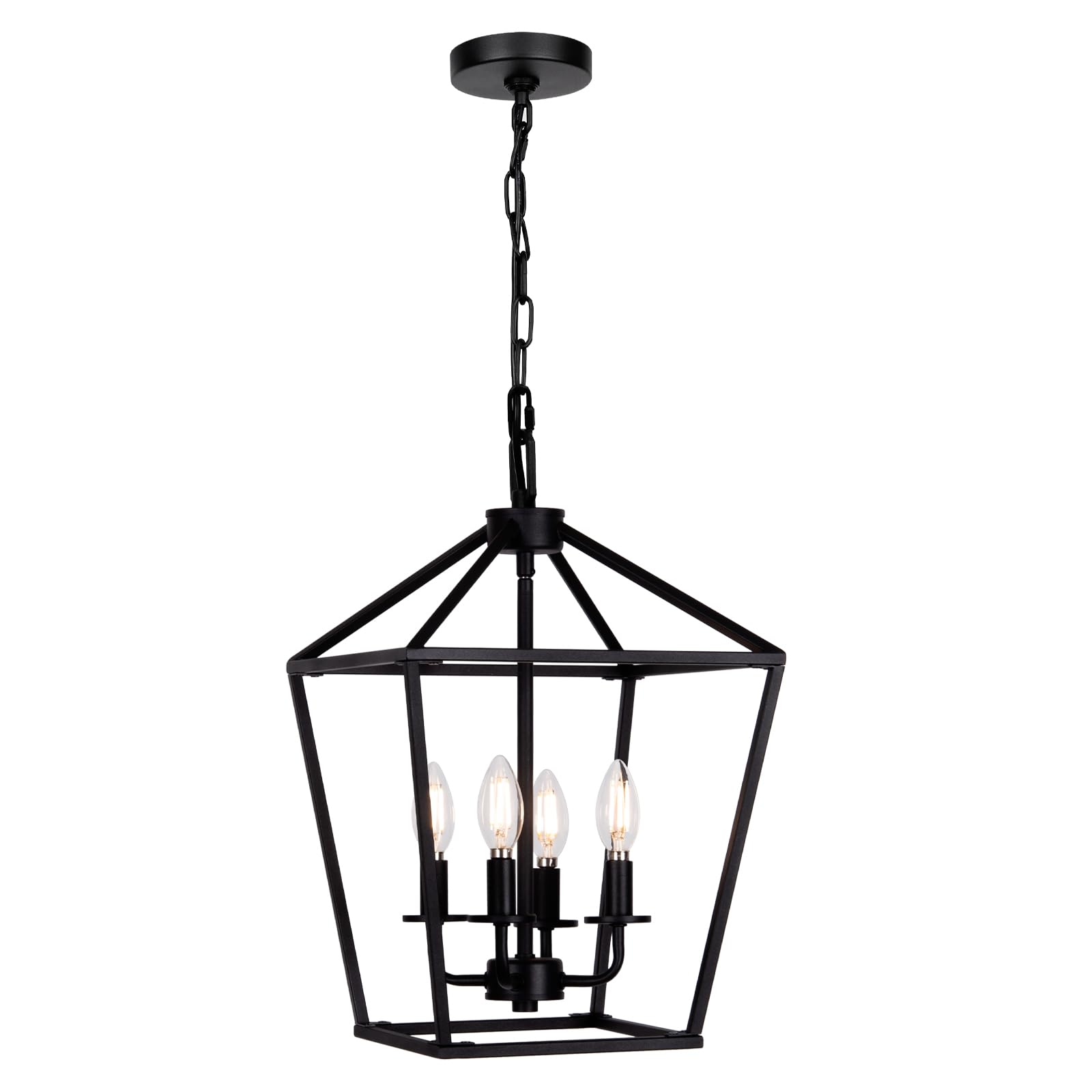 4 Light Chandelier, Industrial Ceiling Light Black Lantern Light Fixtures with Farmhouse Metal Cage Adjustable Height Rustic Geometric Hanging Light E12 Base for Kitchen Island, Entryway, Indoor