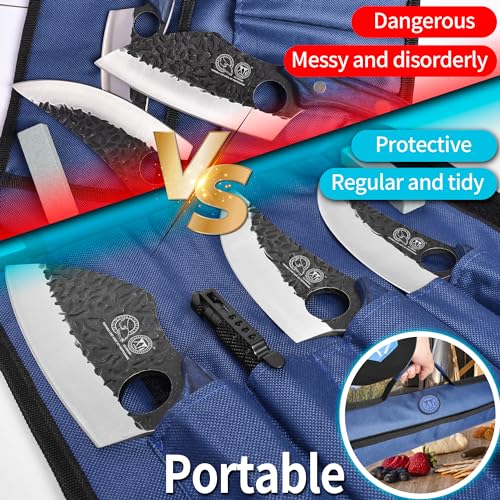 XYJ Professional Kitchen Knife Set with High-Carbon Steel Forged Blades, Chef's Knife, Cleaver, Carving Knife, Nakiri, Full Tang Design, Includes Carrying Bag & Poultry Scissors (5)