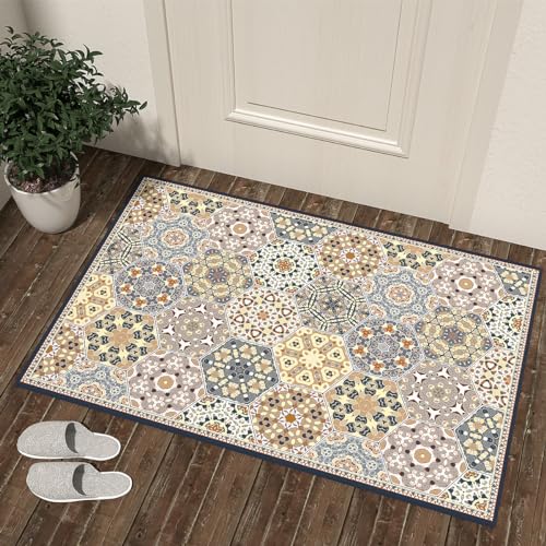 JUSTWOOF Machine Washable Boho Area Rug,2x3 Entry Rug Non-Slip Indoor Door Mat,Non-Shedding Faux Wool Low-Pile Throw Rugs for Bedroom Kitchen Entryway Bathroom Decor(Blue, 2x3ft)