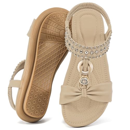 HARENCE Womens Sandals Dressy Flat: Comfortable Elastic Strap Flats Shoes Casual Summer Slip on Sandal for Beach