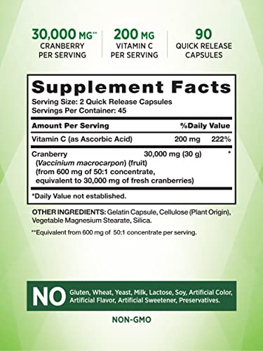 Cranberry Concentrate Capsules 30,000mg | Plus Vitamin C | Non-GMO & Gluten Free Supplement | Triple Strength Support Pills | by Nature's Truth