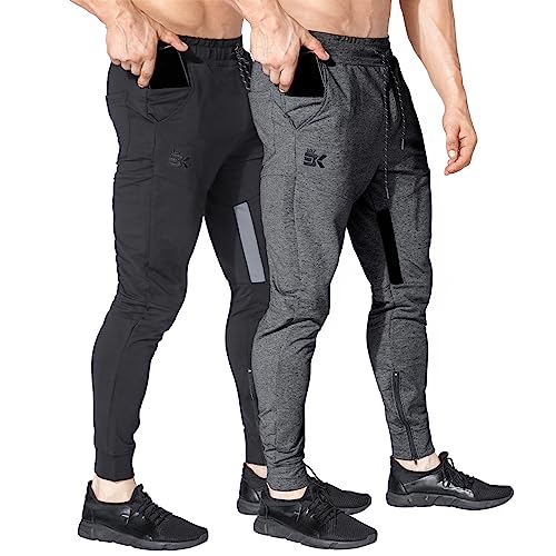 BROKIG Mens Gym Jogger Pants,Casual Slim Workout Sweatpants with Zipper Pockets Bodybuilding Athletic Pants(2 Pack-Black-Dary Grey,Small)