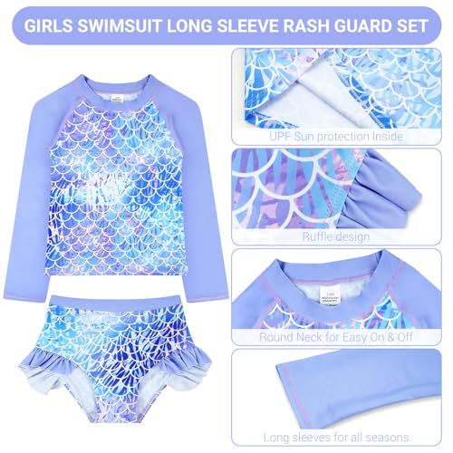 JiAmy Girls Swimming Costume 3 Pieces Swimsuit Long Sleeve Swimwear UV Sun Protection Rash Guard Tankini Sets Bathing Suit Galaxy Swimming Suit for Girls 4-5 Years