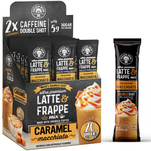 The Frozen Bean - Caramel Macchiato Frappe & Latte Instant Mix with Arabica Beans, 2x Caffienne, Low Sugar - for Hot, Iced, or Frappuccino-Style Blended Drinks - (20) 0.53oz Single Serve Sticks
