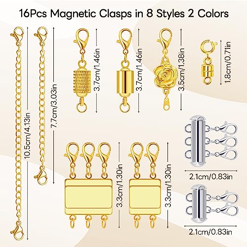 16 Pcs Magnetic Jewelry Clasps and Necklace Layering Clasp Necklace Extenders Gold Silver,Multiple Sizes and Styles Chain Extenders Magnetic Clasps for Jewelry Necklace Bracelet