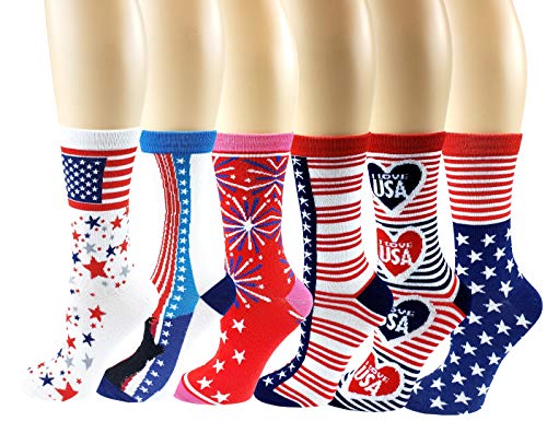 Sumona 6 Pairs Women Colorful Fancy Crazy Design Soft & Stretchy Novelty Crew Socks (American)