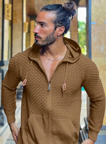 Zaitun Men's Full Zip Up Hooded Cardigan Sweater with Pockets Brown