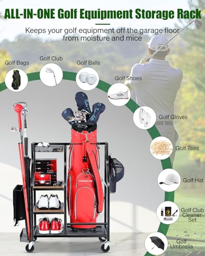 FHXZH Golf Bags Storage Garage Organizer Golf Bag Stand for Golf Bags, Clubs, Balls, Golf Equipment Accessories, Golf Bag Storage Rack with Wheels for Garage, Club, Basement (1 Golf Bag Organizer)