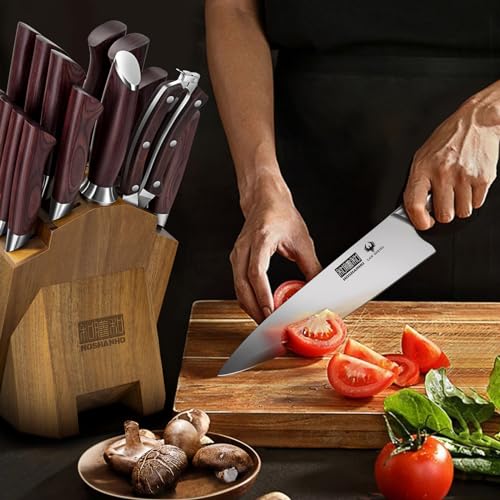 HOSHANHO Kitchen Knife Set with Block 18-Piece, Super Sharp German High Carbon Stainless Steel Chef Knife Set, Professional Cutlery Knife Set with Sharpener