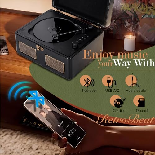 CD Player Portable with Bluetooth, RetroBeat 2200mAH Rechargeable Desktop CD Player for Home with Speakers, AUX Output, USB Mode and TF Card Support, Headphone Output (Black)