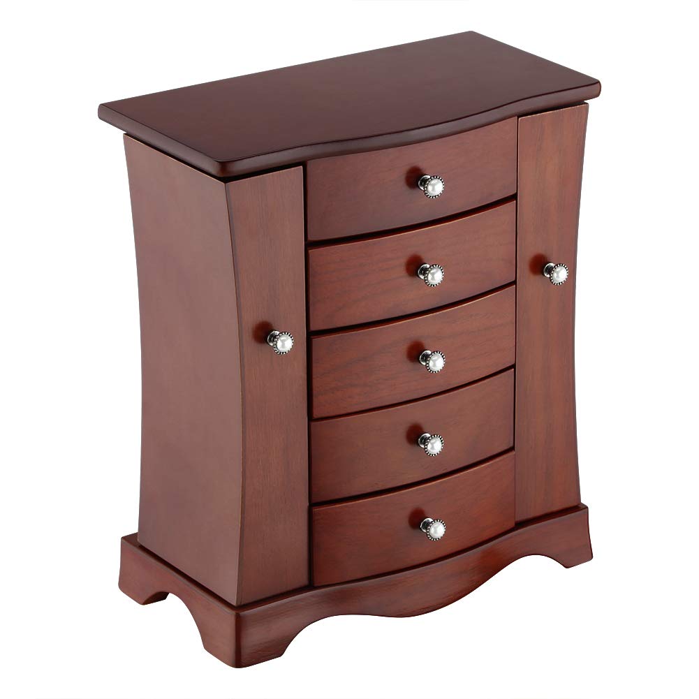 RR ROUND RICH DESIGN Jewelry Box - Made of Solid Wood with Tower Style 4 Drawers Organizer and 2 Separated Open Doors on 2 Sides and Large Mirror Brown