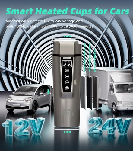 BLONGKY Portable Electric Car Kettle: 12V/24V Kettle Mini Water Boiler for Car Heated Travel Mug,Smart Precision Temperature Adjustment Coffee Tea Truck Cup with Handy Kettle Bag (Taupe, 400ML)