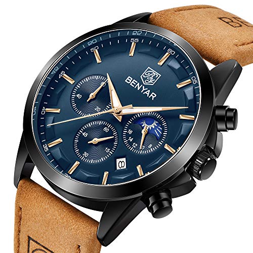 BY BENYAR Watches for Men Chronograph Waterproof Men's Wrist Watches Business Work Casual Sport Fashion Brown Leather Mens Dress Watch Unique Elegant Gifts for Men