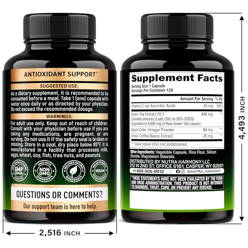 Green Tea Extract - 50% EGCG, Extra Strength 20:1 Extract - Natural Green Tea Supplement + Green Coffee Beans & Apple Cider Vinegar - Energy & Metabolism Support - for Men & Women - Vegan 120 Capsules