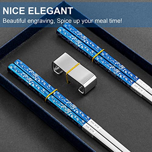 FOFAYU Metal Chopsticks Reusable 2 Pairs Titanium Plated Stainless Steel Chopsticks with Holder, Dishwasher Safe Non-Slip Japanese Style Chop Sticks Present Set (Blue Silver)