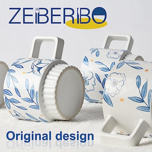 ZEBERBO Porcelain Espresso Cups with Metal Stand, 11 Ounce Stackable Ceramic Demitasse Espresso Mugs Cups Set of 4, Marble Cups for Latte Coffee Cafe Mocha Tea