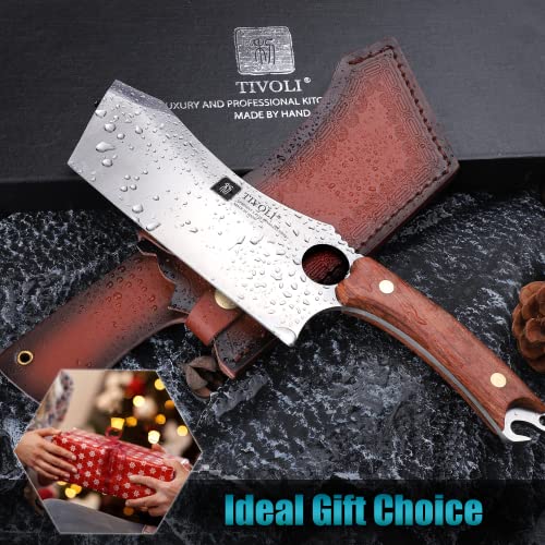 TIVOLI Meat Cleaver Knife Japanese Kitchen Vegetable Knife Sharp Meat Cleaver Forged In Fire Full Tang Cleaver Knife with Sheath Bottle Opener for Outdoor Camping Father's Day Gift Men Women