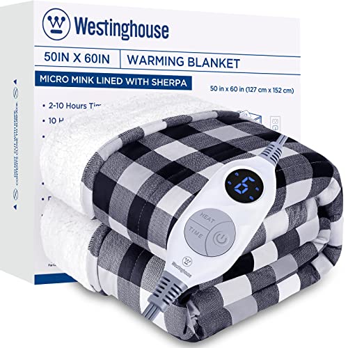 Westinghouse Electric Throw Heated Throw Blanket, Soft Flannel to Sherpa Heating Blanket with 6 Heating Levels & 2 to 10 Hours Heating Time Settings, Fast Heating, Machine Washable, Black 50x60 Inches