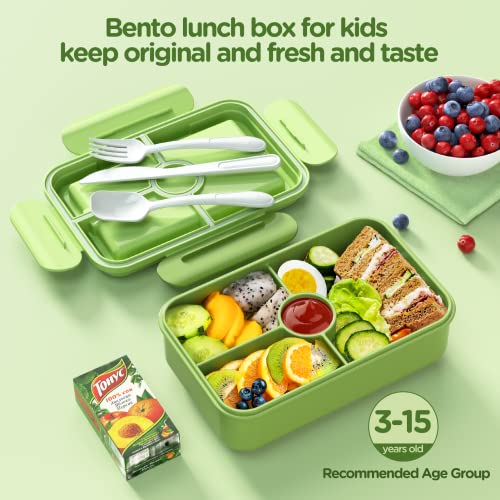 Jelife Bento Box Kids Lunch Box - Large Bento-Style Leakproof with 4 Compartments Food Storage Container with Tableware for Kids Back to School, Reusable On-the-Go Meal and Snack Packing, Green