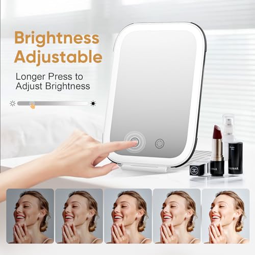 FUNTOUCH Rechargeable Travel Makeup Mirror with Lights and 10X Magnification,Light up Portable Vanity Mirror with 80 LEDs,2000mAh Battery,Brightness Adjustable,3 Lighting,Touch Dimming Compact Mirror