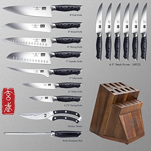 Knife Sets for Kitchen with Block, SHAN ZU Knife Block Set, Japanese Super Steel Kitchen Knife Sets with Removable Block & K133 Ergonomic Handle, Black Tortoise Genbu Series