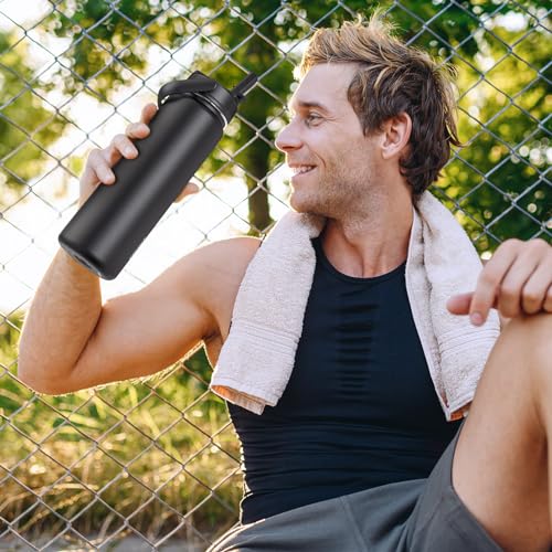 TOURIT 24 oz Insulated Water Bottle, Stainless Steel Water Bottles With Straw, Double Wall Vacuum Insulation for Cold and Hot Drinks, Leak Proof BPA Free Water Flask for Sports and Travel, Black