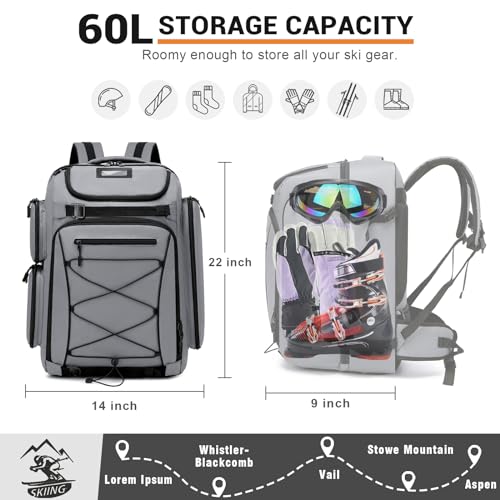 FIXITOK Ski Boot Bag Backpack, 60L Waterproof Snow Boot, Board, Helmet, Goggles, Gloves Travel Backpack for Ski, Snowboard, Youth, Women, Men