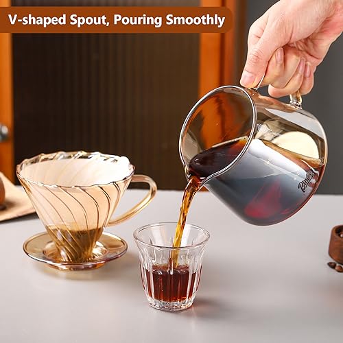 Bincoo Glass Coffee Server Set 600ml- Glass Pour Over Coffee Maker Set with Dripper, V60 Coffee Pot with 50 Count Paper Filter for Home and Office (Champagne)