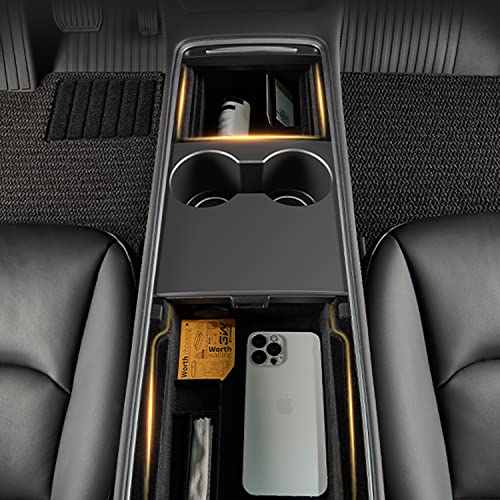 2PCS Center Console Organizer Tray for Tesla Model 3/Y 2020-2023 - Upgrade Flocked Armrest Hidden Cubby Drawer Storage Box, Interior Accessories Tray for Coin keys and Sunglass Holder