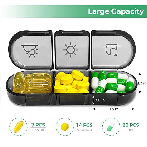 PULIV Weekly Pill Organizer 3 Times a Day, Portable Travel Pill Box 7 Day with Large Pill Containers, Light-Proof Pill Case for Vitamins, Medication, Supplements and Fish Oils (Black)