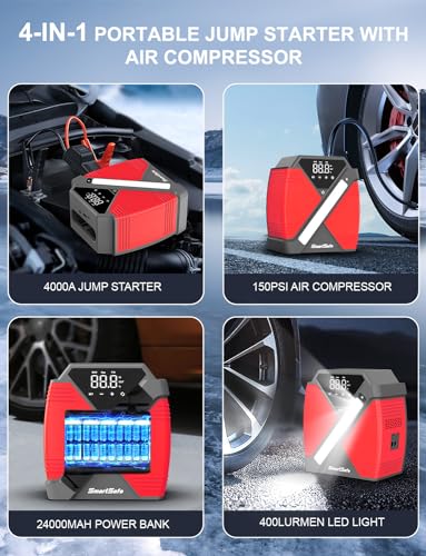 4000A Portable Car Jump Starter with Air Compressor 24000mAh Car Battery Charger 150PSI Tire Inflator with Large Digital Screen, LED Light, QC3.0 Fast Charging Red