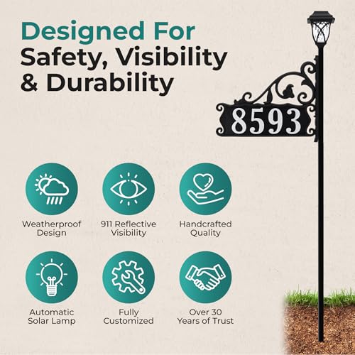 Address America USA Handcrafted Boardwalk Customized Double-Sided Reflective Home Address Sign For Yard and Solar Decorative Light For 911 Number Visibility - 30" Pole - SL