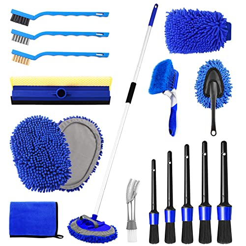 62'' Car Wash Brush Kit Mitt Mop Sponge with Long Handle, 1 Chenille Scratch-Free Replacement Head, Car Wheel Tire Brush, Car Detailing Brushes,Car Dash Duster,Tower,Car Cleaning Kit for Cars RV Truck