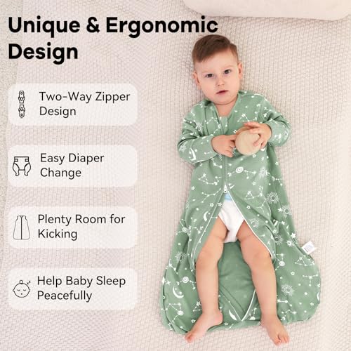 Unnivoll Baby Sleep Sack 0-6 Months 100% Cotton Long Sleeve Wearable Blanket Baby Sleep Bag with 2-Way Zipper 2 Pack 0.5 Tog Sleeping Sack for Newborn Infant