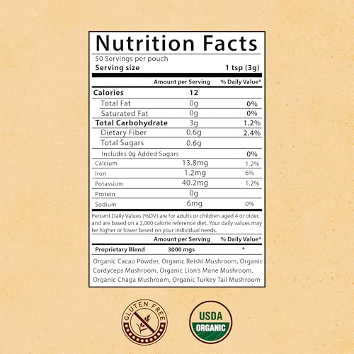 MegaPlants Cacao Magic (50 Servings) | Superfood 5 Mushroom Blend | Lions Mane, Reishi, Chaga, Cordyceps, Turkey Tail | Smoothie, Hot Chocolate, Coffee Alternative
