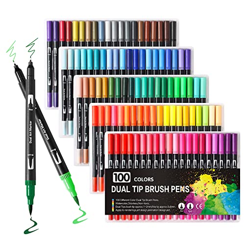 Upanic 100 Colors Markers for Adult Coloring,Coloring Markers for Lettering,Dual Tip Brush Pens for Kids Drawing,Fine Tip Pens for Art,Journaling,Doodling & Lettering