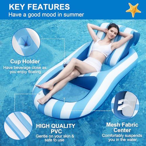 SKBANRU Pool Floats Adult Size, Inflatable Rafts Pool Lounger with Headrest & Cup Holder, Large Pool Floaties for Adult Heavy Duty Swimming Pool, Beach & Lake Sunbathing