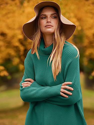 ANRABESS Women Oversized Turtleneck Long Batwing Sleeve Split Hem Pullover Knit Tunic Sweater Outfits 2024 Trendy Clothes Nutmeg Small