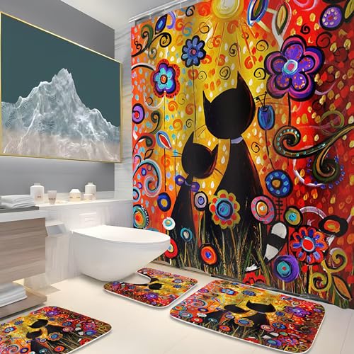 Cute Cat Couple Bathroom Sets with Flowers Fairy Shower Curtain and 20 x 31 Rugs Bathroom Accessories Sets Decor with Bath Rug, Bath Mat, U-Shaped Contour and Hooks 72 x 72 Inch