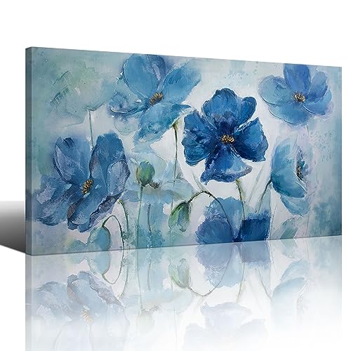 AJAZIKO Large Wall Art Canvas Decor, Blue Flowers Theme Pictures for Bedroom, Wall Decor for Living Room, Wall Art Prints- Wall Art for living room