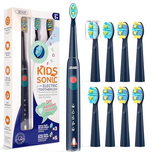 SEAGO Kids Electric Toothbrush, Rechargeable Sonic Soft Bristle Toothbrushes with 8 Brush Heads, DIY Stickers and 5 Modes, Ideal for Kids and Children, Ages 3–12(Navy)