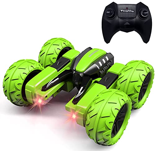 Threeking RC Rotating Stunt Cars Flowering Remote Control Cars Toys with Lights Double-Sided Driving 360-degree Flips Rotating Car Toy, Green