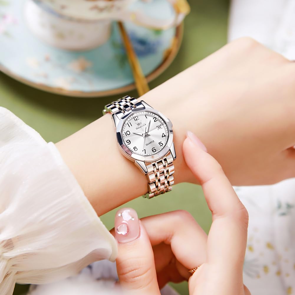 OLEVS Silver Women Watch Fashion Dress Ladies Watch, Two Tone Stainless Steel Strap Analog Quartz Waterproof Female Watch for Women Gift